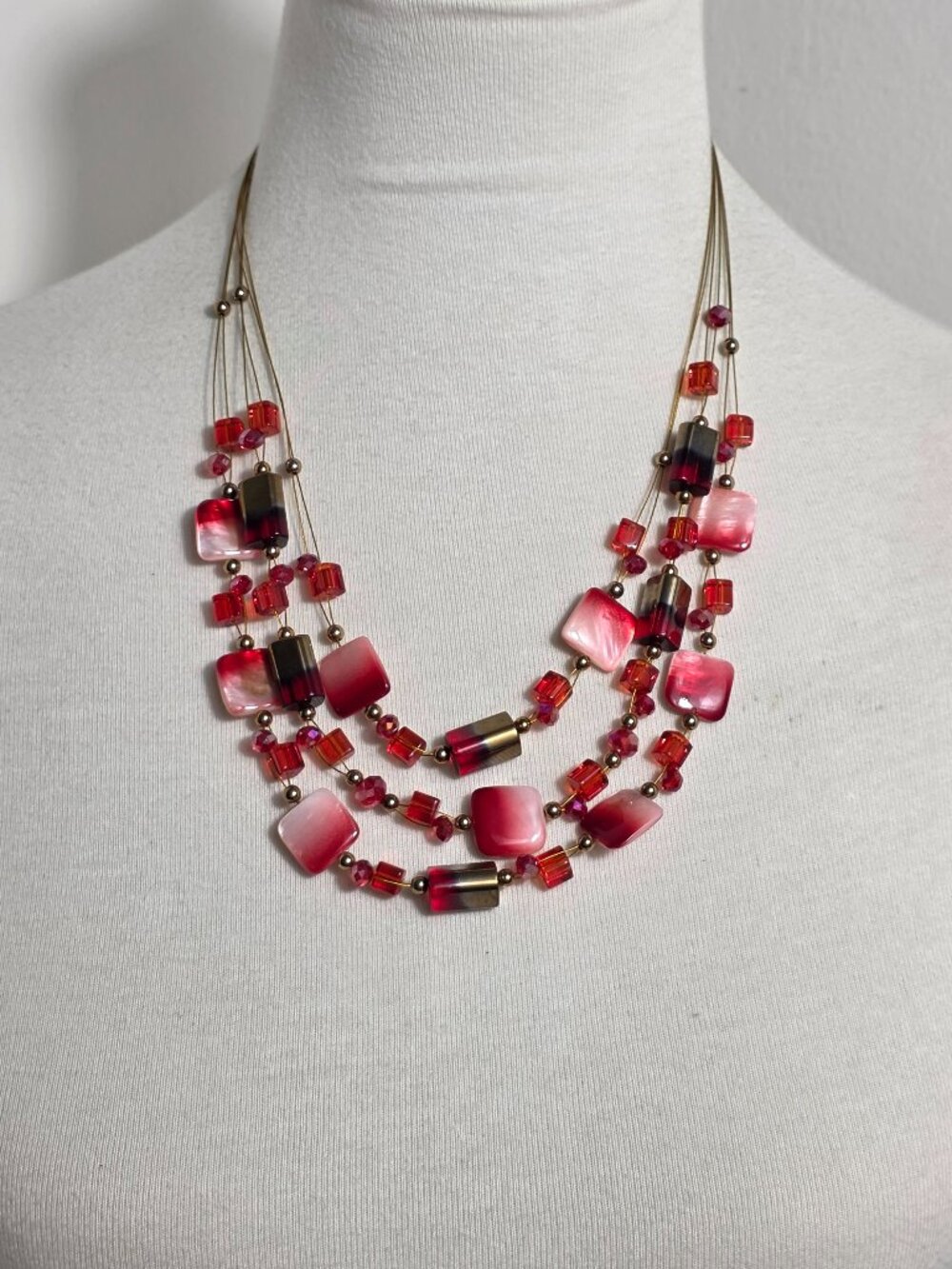 Multi-Strand Beaded Necklace Pink, Red & Gold Beads in Various Shapes Gold Wire